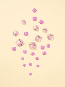 Transform Your Nails with 24pcs Short Square 3D Pink Flower Rhinestones Decor Fake Toenail & 1pc Nail File & 1sheet Tape - Multicolor - View 3