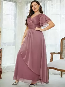 SHEIN Belle Plus Flutter Sleeve Ruched Overlap Collar Glitter Bridesmaid Dress - Mauve Purple - View 1