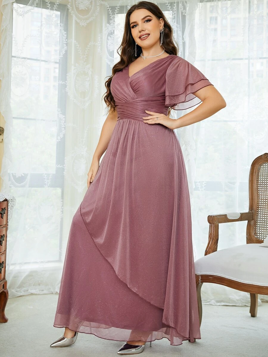 SHEIN Belle Plus Flutter Sleeve Ruched Overlap Collar Glitter Bridesmaid Dress - Mauve Purple - View 1