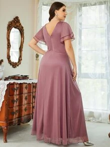 SHEIN Belle Plus Flutter Sleeve Ruched Overlap Collar Glitter Bridesmaid Dress - Mauve Purple - View 2