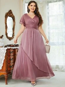 SHEIN Belle Plus Flutter Sleeve Ruched Overlap Collar Glitter Bridesmaid Dress - Mauve Purple - View 4