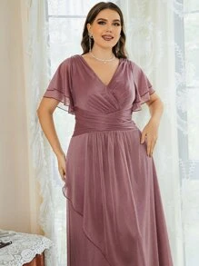SHEIN Belle Plus Flutter Sleeve Ruched Overlap Collar Glitter Bridesmaid Dress - Mauve Purple - View 6