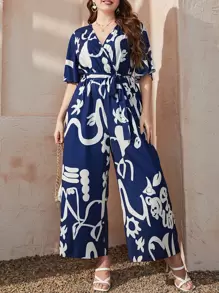 Mulvari Bộ đồ liền thân ống rộng in họa tiết bướm thời trang mùa hè - Màu xanh hải quân - Xem 1