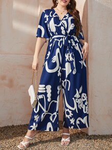 Mulvari Bộ đồ liền thân ống rộng in họa tiết bướm thời trang mùa hè - Màu xanh hải quân - Xem 3