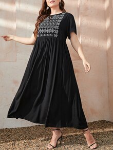 Mulvari Vestido smock con bordado geométrico de cuello con abertura de ojo - Negro - Ver 5