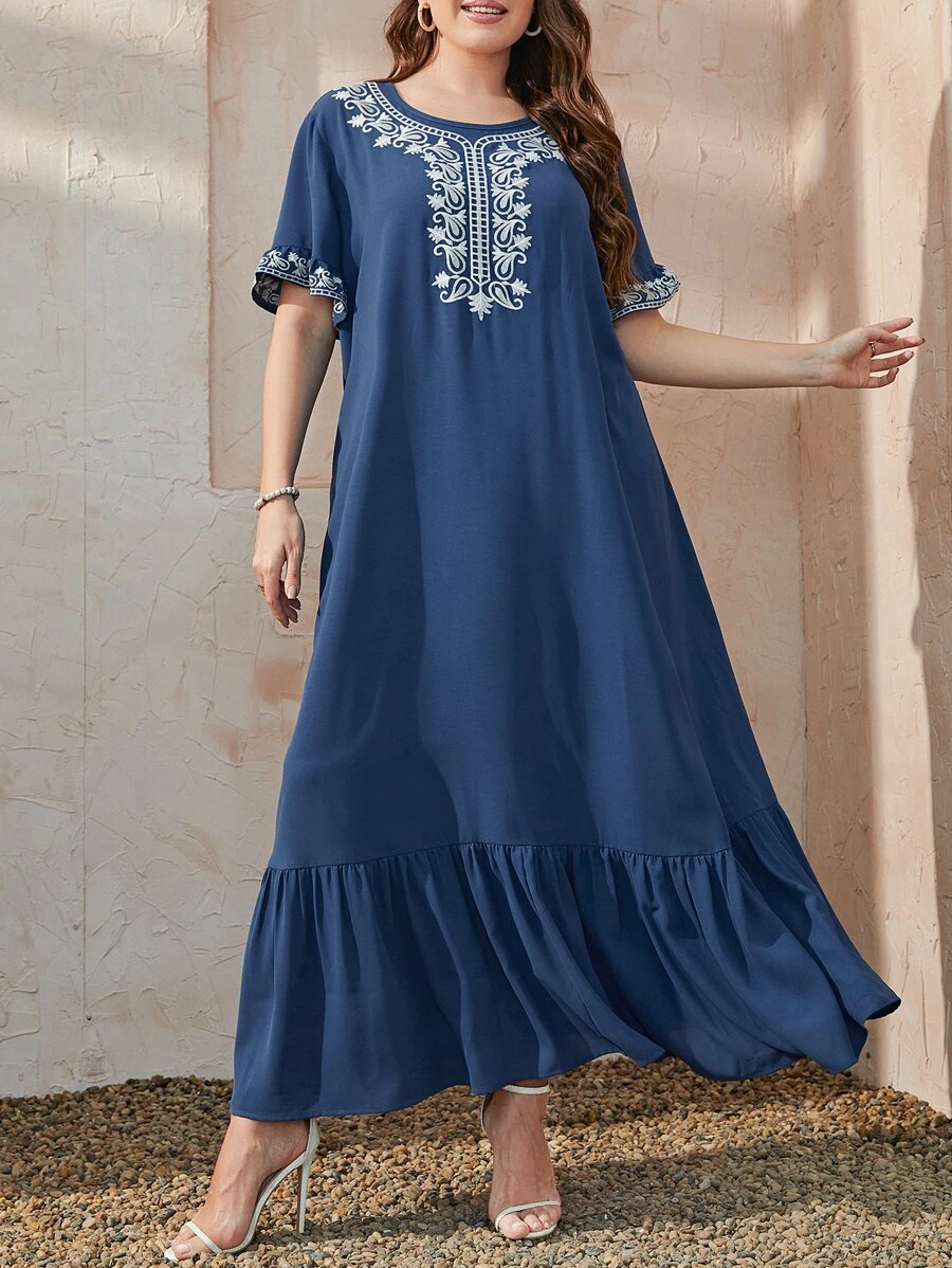 Al Najma Plus Paisley Embroidery Flounce Sleeve Ruffle Hem Smock Dress Kaftan Jalabiya Dress - Blue - View 1