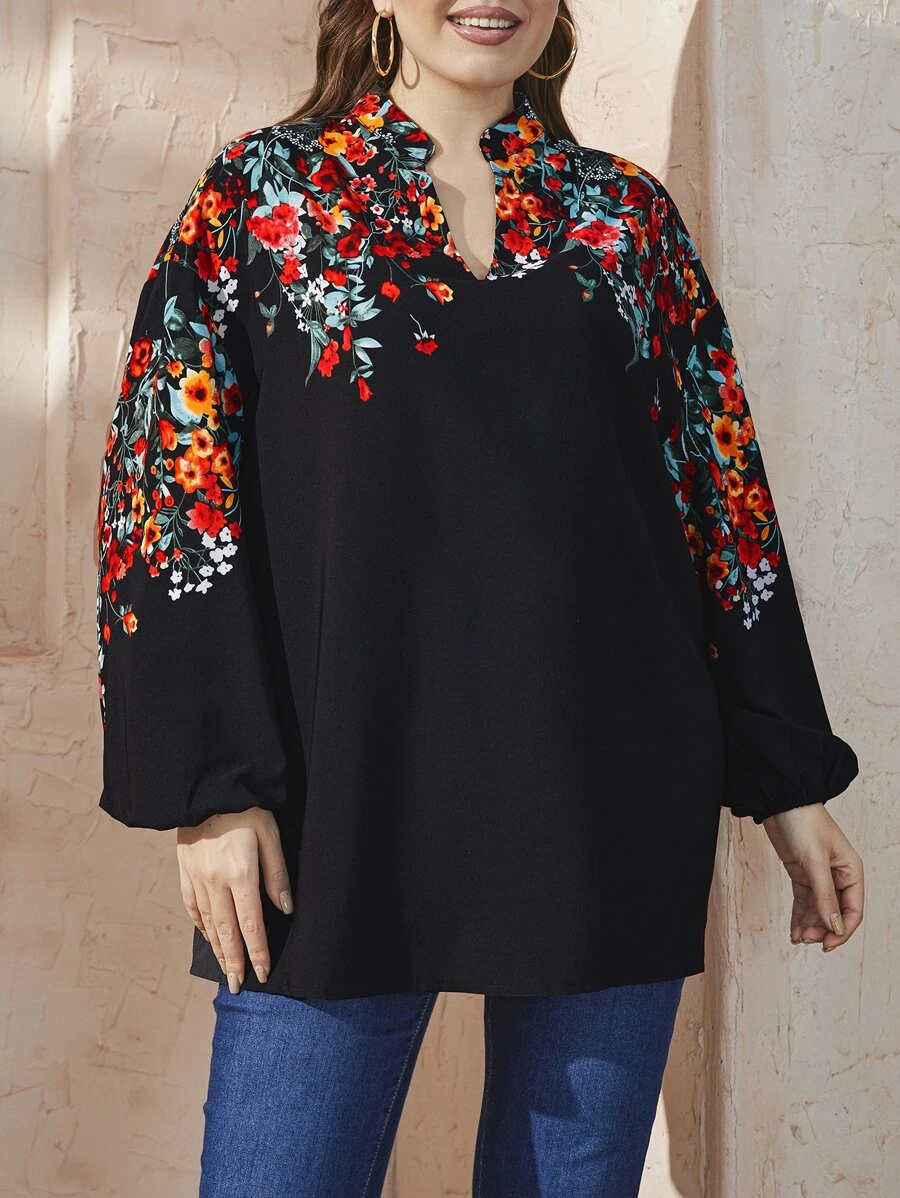 Mulvari Plus Random Floral Print Notched Neck Lantern Sleeve Blouse - Black - View 1