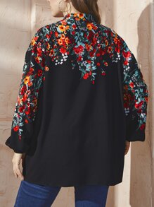 Mulvari Plus Random Floral Print Notched Neck Lantern Sleeve Blouse - Black - View 2