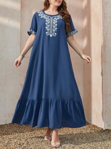 Al Najma Plus Paisley Embroidery Flounce Sleeve Ruffle Hem Smock Dress Kaftan Jalabiya Dress - Blue - View 4