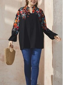 Mulvari Plus Random Floral Print Notched Neck Lantern Sleeve Blouse - Black - View 3