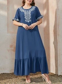 Al Najma Plus Paisley Embroidery Flounce Sleeve Ruffle Hem Smock Dress Kaftan Jalabiya Dress - Blue - View 5