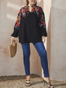Mulvari Plus Random Floral Print Notched Neck Lantern Sleeve Blouse - Black - View 4