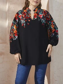 Mulvari Plus Random Floral Print Notched Neck Lantern Sleeve Blouse - Black - View 5