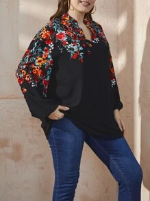 Mulvari Plus Random Floral Print Notched Neck Lantern Sleeve Blouse - Black - View 6
