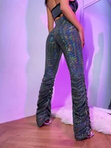 SHEIN ICON 高腰鐳射亮片堆堆褲 - 黑色 - 查看 2