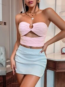 紋理質感鏤空U形環短款抹胸上衣