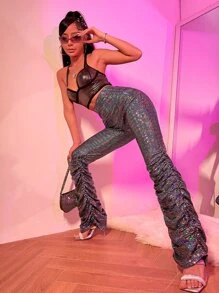 SHEIN ICON 高腰鐳射亮片堆堆褲 - 黑色 - 查看 6