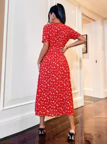 SHEIN VCAY v領小碎花側結飾圍裹洋裝 - 紅色 - 查看 3