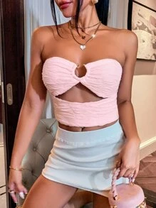 紋理質感鏤空U形環短款抹胸上衣