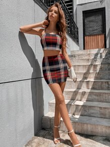 SHEIN Privé Bộ đồ hai mảnh nữ Lộ Lưng Hội Chữ thập Buộc lại Sọc ca rô Gợi cảm - Nhiều màu - Xem 4