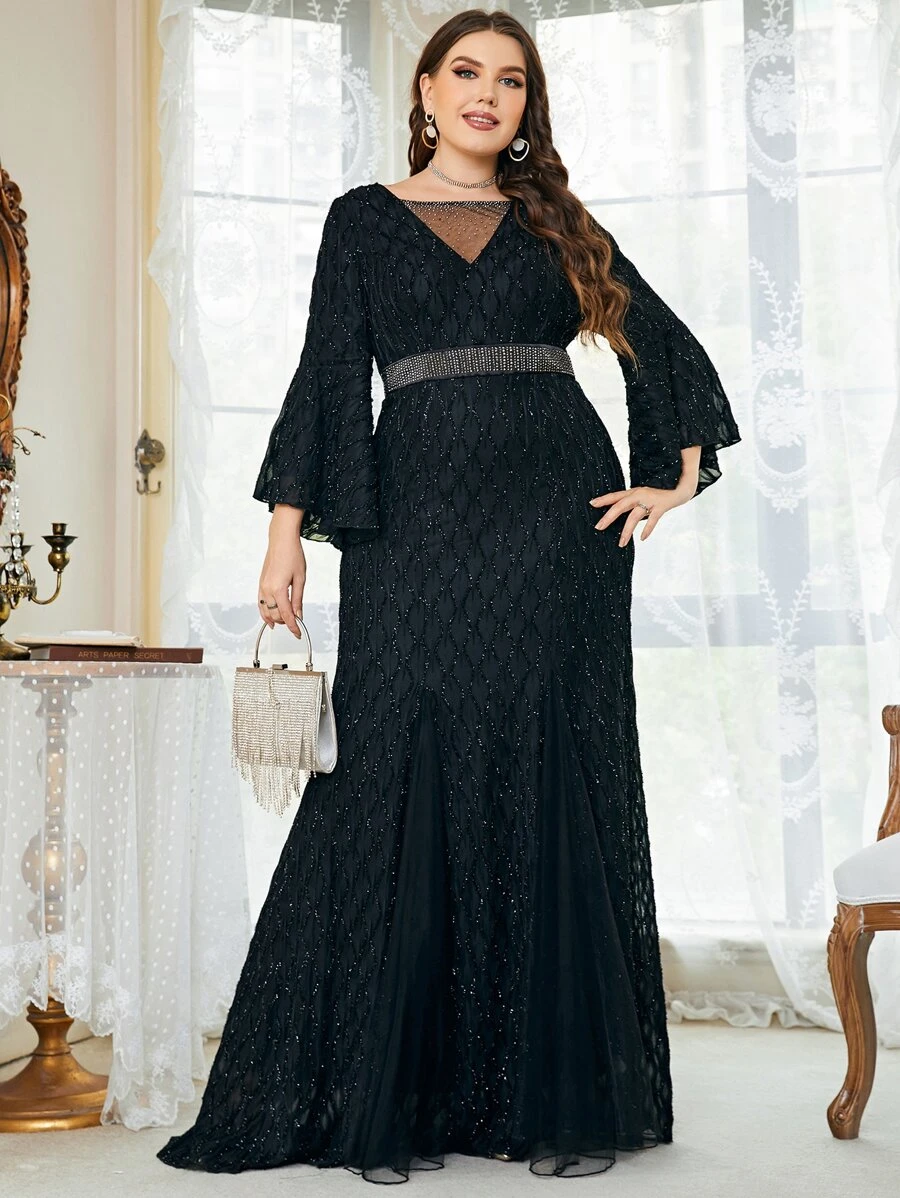 SHEIN Belle 大碼喇叭袖水鑽細節魚尾裙下擺蕾絲洋裝