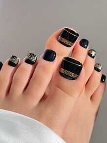 24入組短方形黑色閃粉假指甲和1支美甲文件和1張指甲貼片，提升你的風格，美甲用品 - 彩色 - 查看 1