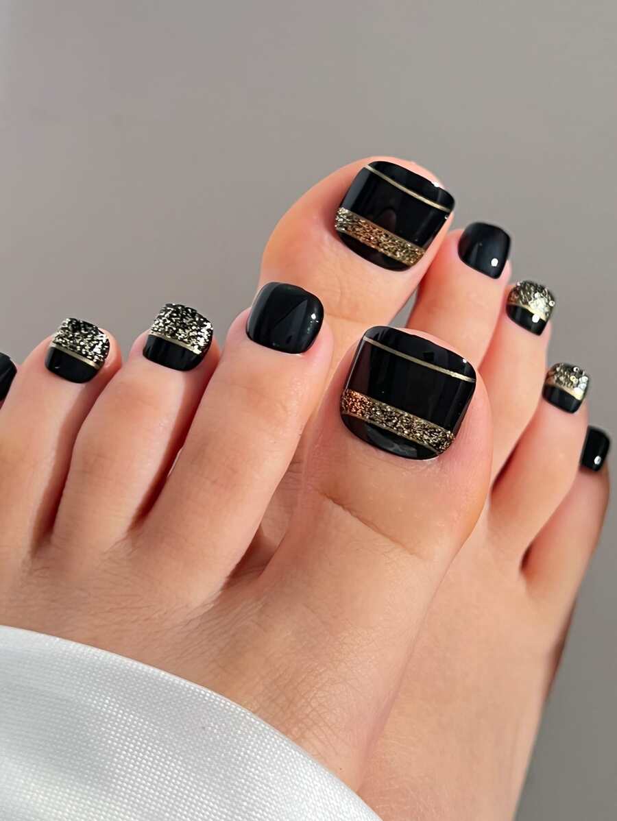 24入組短方形黑色閃粉假指甲和1支美甲文件和1張指甲貼片，提升你的風格，美甲用品 - 彩色 - 查看 1