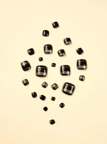 24入組短方形黑色閃粉假指甲和1支美甲文件和1張指甲貼片，提升你的風格，美甲用品 - 彩色 - 查看 4