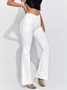 SHEIN PETITE 斜口袋牛仔喇叭褲 - 白色 - 查看 1