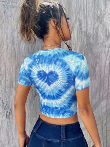 SHEIN ICON 多巴胺穿衣法紮染前鏤空短款T恤 - 藍色 - 查看 2