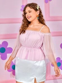 Plus Cold Shoulder Frill Trim Contrast Mesh Peplum Blouse - Baby Pink - View 5