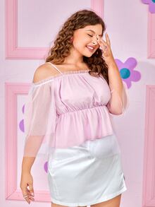 Plus Cold Shoulder Frill Trim Contrast Mesh Peplum Blouse - Baby Pink - View 4