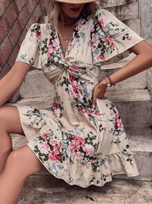 印花前扭結蝴蝶袖荷葉邊連衣裙