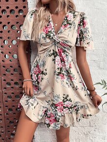 印花前扭結蝴蝶袖荷葉邊連衣裙