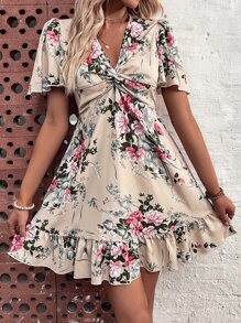 印花前扭結蝴蝶袖荷葉邊連衣裙