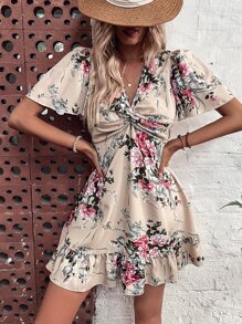 印花前扭結蝴蝶袖荷葉邊連衣裙