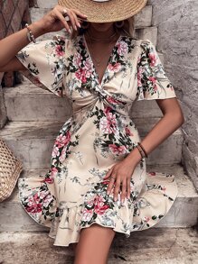 印花前扭結蝴蝶袖荷葉邊連衣裙