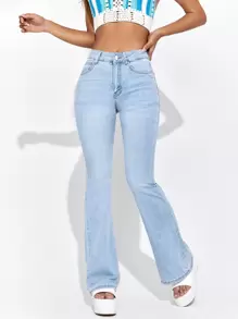 SHEIN PETITE Slant Pocket Flare Leg Jeans - Light Wash - View 1