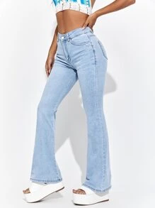 SHEIN PETITE Slant Pocket Flare Leg Jeans - Light Wash - View 4