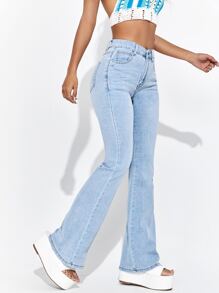 SHEIN PETITE Slant Pocket Flare Leg Jeans - Light Wash - View 5