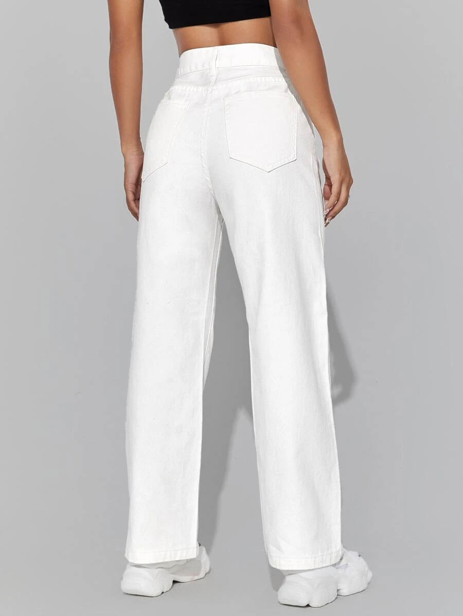 SHEIN PETITE Jeans de talle alto cremallera de pierna ancha - Blanco - Ver 1