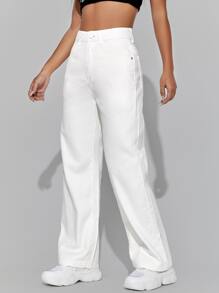 SHEIN PETITE Jeans de talle alto cremallera de pierna ancha - Blanco - Ver 2