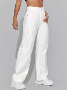 SHEIN PETITE Jeans de talle alto cremallera de pierna ancha - Blanco - Ver 3