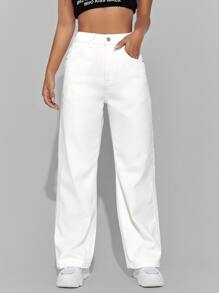 SHEIN PETITE Jeans de talle alto cremallera de pierna ancha - Blanco - Ver 4
