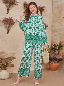 Mulvari con estampado Blusa con Pantalones Conjunto - Multicolor - Ver 1