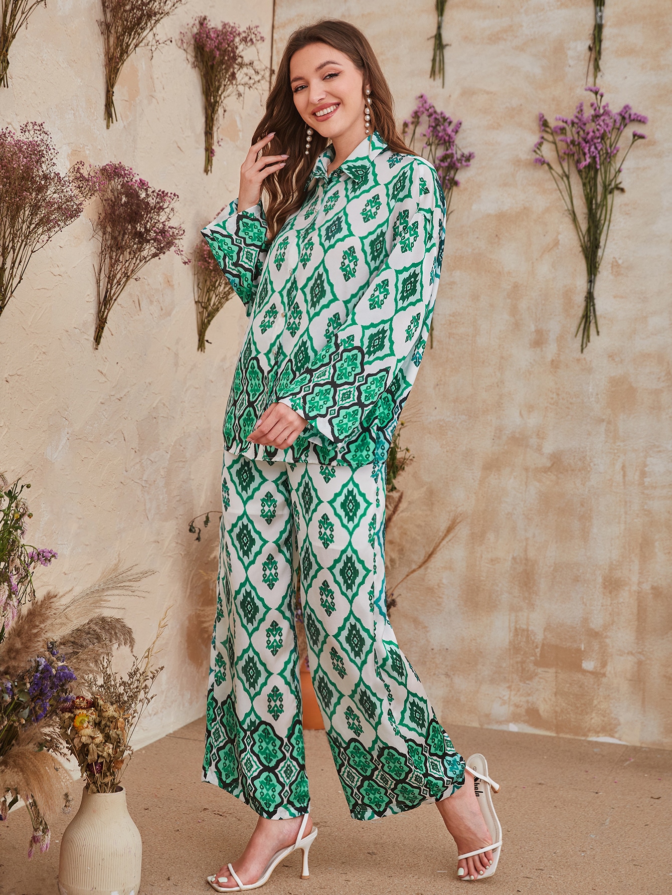 Mulvari Allover Print Polo Tee & Wide Leg Pants