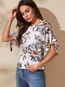 SHEIN Clasi 花卉圖案繫帶開衩袖上衣 - 白色 - 查看 1