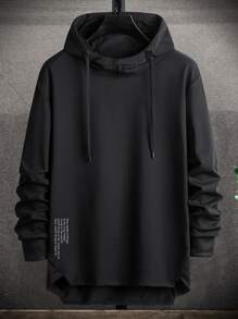 Manfinity Homme Men Slogan Graphic Asymmetric Hem Drawstring Hoodie - Black - View 1