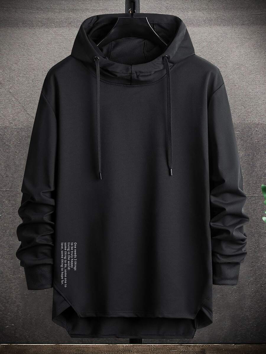 Manfinity Homme Men Slogan Graphic Asymmetric Hem Drawstring Hoodie - Black - View 1