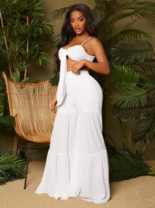 SHEIN SXY Bộ đồ hai mảnh nữ Lộ Lưng Viên lá sen Thắt nơ trước màu trơn Gợi cảm - trắng - Xem 4